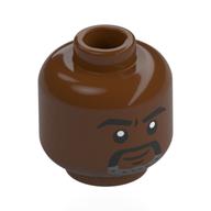 Lego Minifig Head Mr. X, Black Eyebrows, Black Moustache, Dark Bluish Grey Beard, Neutral Smile / Angry / Reddish Brown