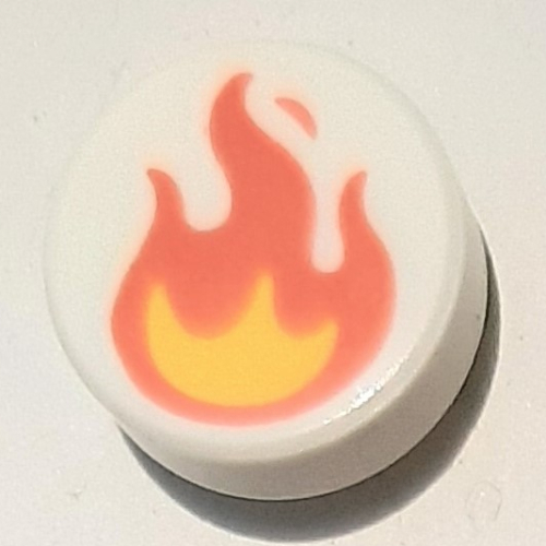 Lego Tile Round 1 x 1 with Yellow/Coral Fire/Flames Print / White