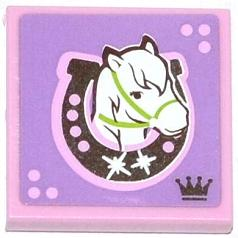 Lego Tile 2 x 2 with Horse Head Facing Right in Horseshoe Pattern (Sticker) - Set 3185 / Bright Pink
