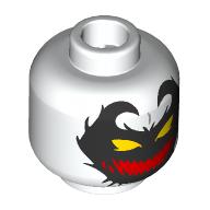 Lego Minifig Head Anti-Venom, Black Face, Horns, Yellow Eyes, Big Red Mouth, Black Teeth Shapes / White