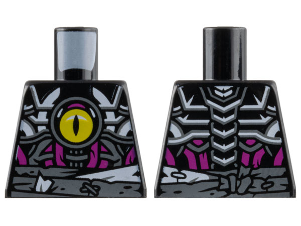 Lego Torso White and Dark Bluish Gray Skeleton and Waist Wrappings, Yellow Eye with Slit Pupil, Magenta Tubes Pattern / Black