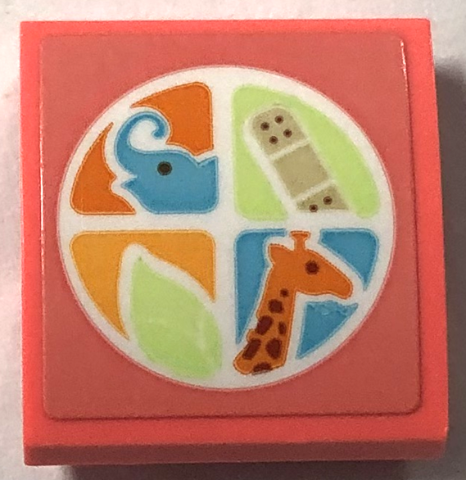 Lego Slope, Curved 2 x 2 x 2/3 with Elephant, Bandage, Leaf, and Giraffe in Circle Pattern (Sticker) - Set 41717 / Coral