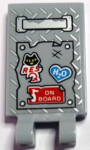 Lego Tile, Modified 2 x 3 with 2 Open O Clips with Silver Handle and Tread Plate, Black Cat Face, 'RES Q', Dark Azure Heart with 'H2O', White Fire Extinguisher and Red 'ON BOARD' Sign Pattern (Sticker) - Set 70436 / Light Bluish Gray