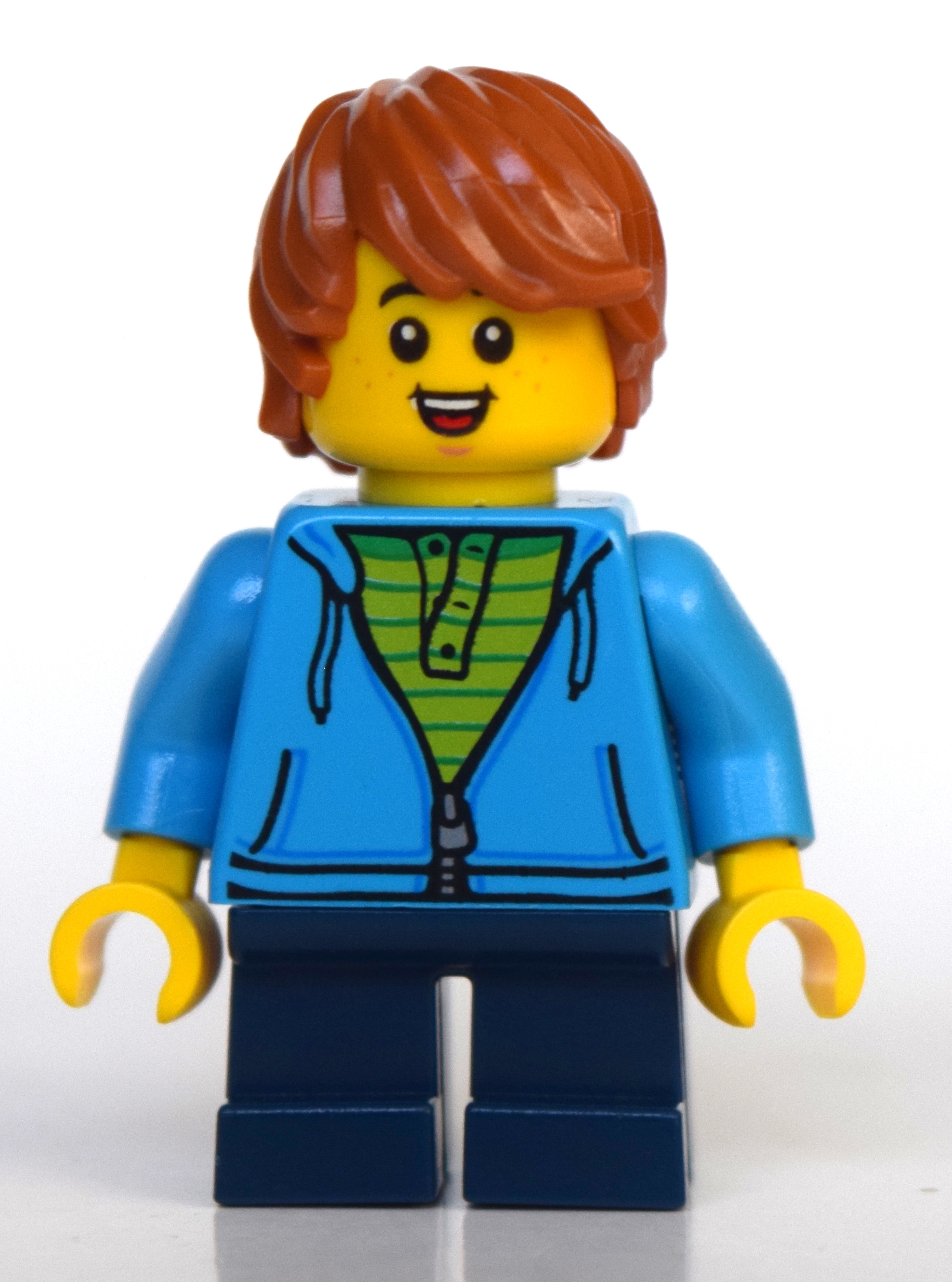 Lego Boy, Dark Azure Hoodie, Short Dark Blue Legs, Dark Orange Hair