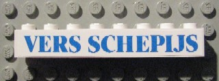 Lego Brick 1 x 8 with Blue 'VERS SCHEPIJS' Text Pattern (Sticker) - Set 1592 (Dutch Version) / White