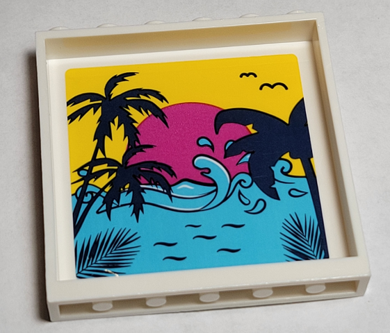 Lego Panel 1 x 6 x 5 with Medium Azure Waves, Dark Blue Palm Trees, Magenta Sun, and Yellow Sky Sunset Pattern (Sticker) - Set 41374 / White