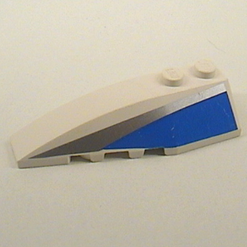 Lego Brick Wedged, Curved 6 x 2 Left with Blue and Silver Side Print / White