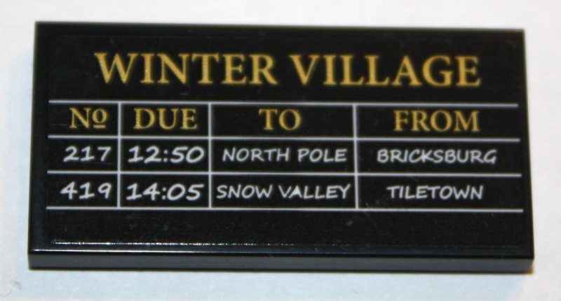 Lego Tile 2 x 4 with 'WINTER VILLAGE' and Train Schedule Pattern (Sticker) - Set 10259 / Black