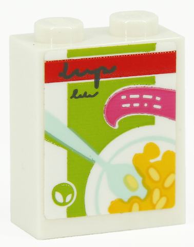 Lego Brick 1 x 2 x 2 with Inside Stud Holder with Food Packaging Box, Bowl, Cereal on Spoon, Red Stripe and Lime Background Pattern (Sticker) - Set 41704