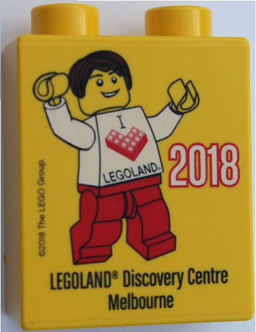 Lego Duplo, Brick 1 x 2 x 2 with 2018 LEGOLAND Discovery Centre Melbourne Pattern / Yellow