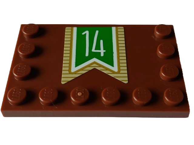 Lego Tile, Modified 4 x 6 with Studs on Edges with White Number 14 on Green Banner with Gold Striped Border Pattern (Sticker) - Set 4002023 / Reddish Brown