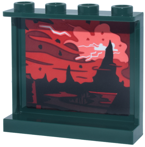 Lego Panel 1 x 4 x 3 with Side Supports - Hollow Studs with Black Jagged Landscape, Red, Dark Red and Coral Sky and Clouds, White Lighting Pattern (Sticker) - Set 11370