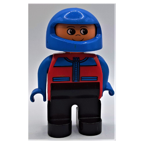 Lego Duplo Figure, Early, Helmet Blue, Black Legs, Blue Arms, Jacket with Zipper, Pockets, and Blue Shoulders Print