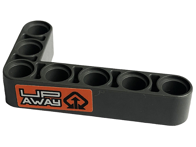 Lego Technic, Liftarm, Modified Bent Thick L-Shape 3 x 5 with 'UP AWAY' Pattern Model Left Side (Sticker) - Set 42129 / Dark Bluish Gray
