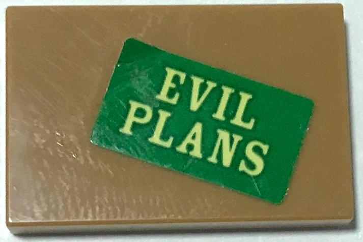 Lego Tile 2 x 3 with Bright Light Yellow 'EVIL PLANS' on Green Background Pattern (Sticker) - Set 70922