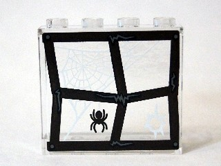 Lego Panel 1 x 4 x 3 with Side Supports - Hollow Studs with Window Frame Bent with Black Spider and White Web Pattern (Sticker 7) - Set 75904 / Trans-Clear