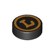 Lego Tile Round 1 x 1 with Bright Light Orange Circle, 'L' Print / Black
