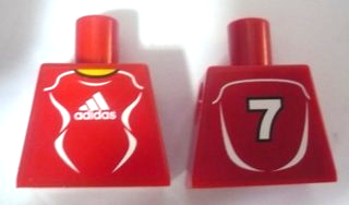 Lego Torso Soccer Uniform Red Shirt with White Adidas Logo, Curved Lines and Number 7 on Back, Yellow Neck Pattern (Stickers) / Red