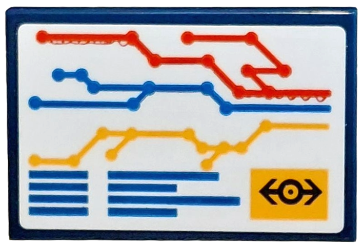 Lego Tile 2 x 3 with Blue, Bright Light Orange and Red Train Map and Schedule with Black Train Logo on White Background Pattern (Sticker) - Set 910034 / Dark Blue