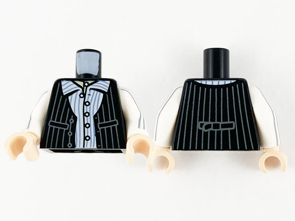 Lego Torso Vest over Shirt and Dark Bluish Gray Pinstripes Pattern / White Arms with 6 Dark Bluish Gray Pinstripes Pattern / Light Nougat Hands