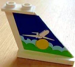Lego Tail 4 x 1 x 3 with White Airplane over Sun and Clouds Pattern on Right Side (Sticker) - Set 1818 / White