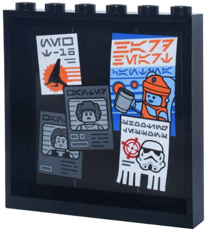 Lego Panel 1 x 6 x 5 with Wanted Posters, Flyers, Han Solo, Leia, Stormtrooper, Aurebesh Characters 'NEW T-16' 'HARD HEART CANTINA' and 'SHOOTING LESSONS' Pattern (Sticker) - Set 75419 / Black