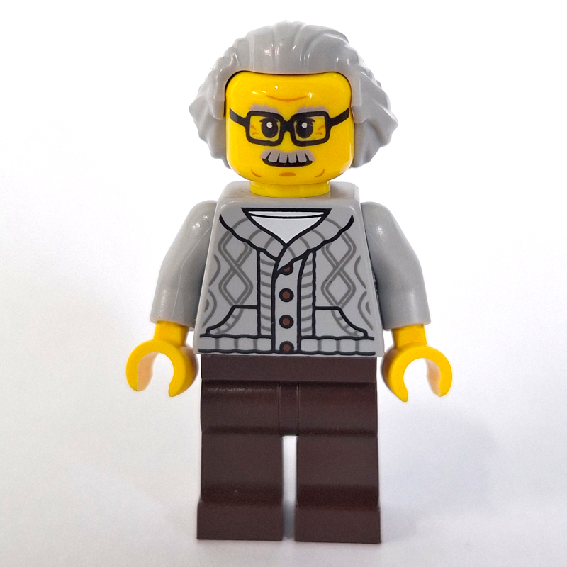 Lego Man, Light Bluish Gray Cardigan, Dark Brown Legs, Light Bluish Gray Hair
