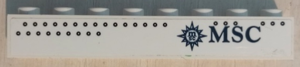 Lego Brick 1 x 8 with Dark Blue MSC Logo and Portholes Pattern Model Left Side (Sticker) - Sets 40227 / 40318 / White
