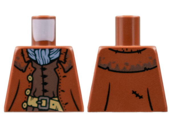 Lego Torso Coat with Dark Tan Buttons and Belt with Silver Buckle, Sand Blue Scarf, Dark Brown Vest Pattern / Reddish Brown