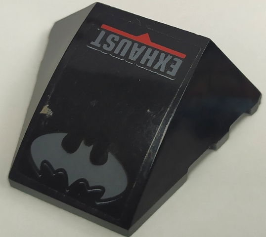 Lego Wedge 4 x 3 Triple Curved No Studs with Dark Bluish Gray Batman Logo, 'EXHAUST', and Red Stripe Pattern (Sticker) - Set 70908 / Black