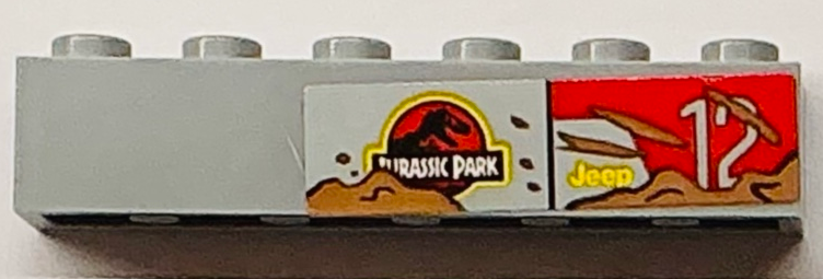 Lego Brick 1 x 6 with Jurassic Park and Jeep Logos, Medium Nougat Mud and '12' on Red Background Pattern Model Right Side (Sticker) - Set 76958