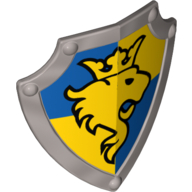 Lego Duplo Shield, Angled Triangle with Lion Looking Left and Crown on Yellow and Blue Background Print