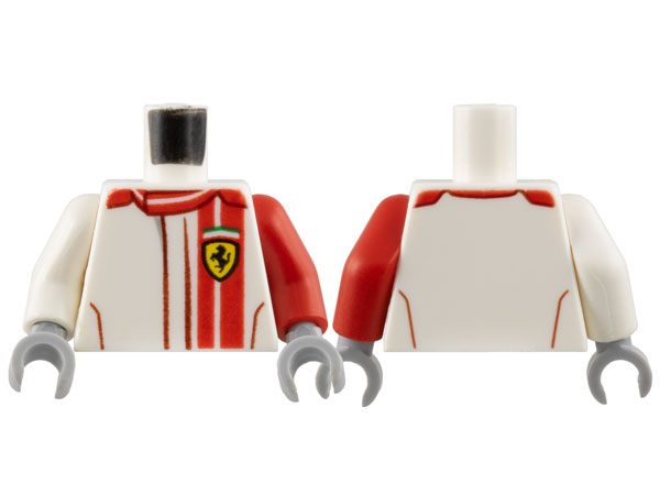 Lego Torso Speed Champions with Red Stripes and Ferrari Logo Pattern / Red Arm Left / White Arm Right / Light Bluish Gray Hands