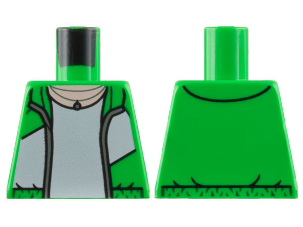 Lego Torso Open Jacket with White Wide Diagonal Stripe, Silver Zipper, T-Shirt, Light Nougat Neck Pattern / Bright Green