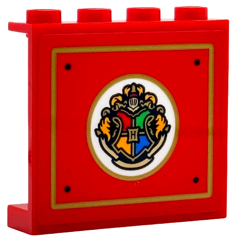 Lego Panel 1 x 4 x 3 with Side Supports - Hollow Studs with Hogwarts Crest on White Oval Background, Gold Border and Frame, Black Rivets Pattern (Sticker) - Set 76450