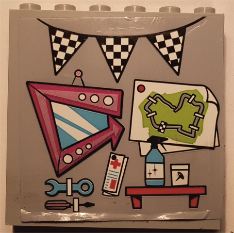 Lego Panel 1 x 6 x 5 with Tools, Race Track Map, and Checkered Flag Pattern (Sticker) - Set 41352 / Light Bluish Gray