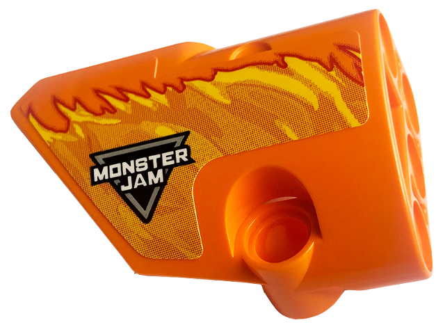 Lego Technic, Panel Fairing # 1 Small Smooth Short, Side A with Logo 'MONSTER JAM' and Yellow Flames Pattern (Sticker) - Set 42135 / Orange