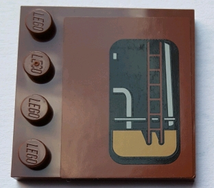 Lego Tile, Modified 4 x 4 with Studs on Edge with Window with Pipes and Ladder Pattern Model Right Side (Sticker) - Set 75059 / Reddish Brown