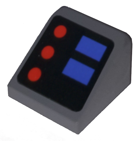 Lego Slope 30 1 x 1 x 2/3 with Red and Blue Buttons Pattern (Sticker) - Set 10179 / Dark Bluish Gray