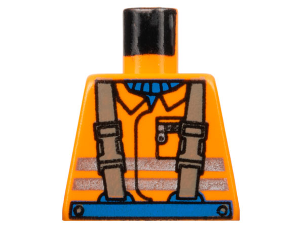 Lego Torso Town Construction Brown Suspenders, Shirt, Safety Stripes Pattern / Orange