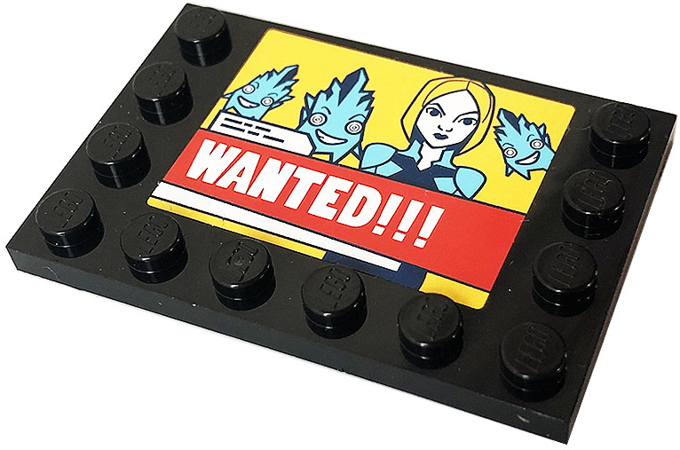 Lego Tile, Modified 4 x 6 with Studs on Edges with White 'WANTED!!!' Screen with Picture of Lena Luthor and Kryptomites Pattern (Sticker) - Set 41232 / Black
