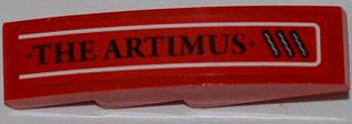 Lego Slope, Curved 4 x 1 with 'THE ARTIMUS' and Diagonal Vent Grille Pattern Model Right (Sticker) - Set 7985 / Red