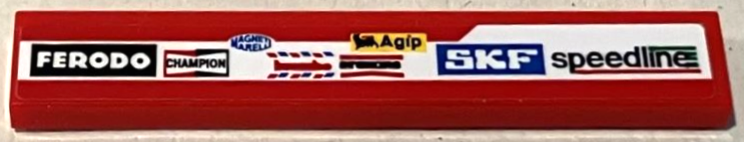 Lego Tile 1 x 6 with Speedline, SKF, Agip, Brembo, Magneti Marelli, Champion and Ferodo Logo on White Stripe Pattern Model Left Side (Sticker) - Set 75889 / Red