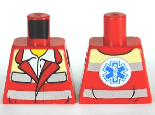 Lego Torso Open Collar with White Shirt, Safety Stripes, EMT Star of Life on Back Pattern / Red