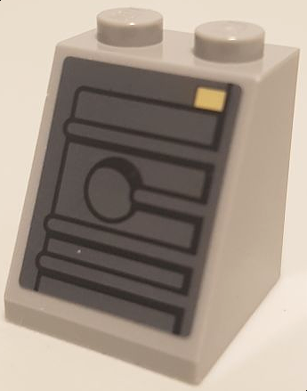 Lego Slope 65 2 x 2 x 2 with Bottom Tube with Ridges, Hole, and Tan Rectangle Pattern (Sticker) - Set 75105 / Light Bluish Gray