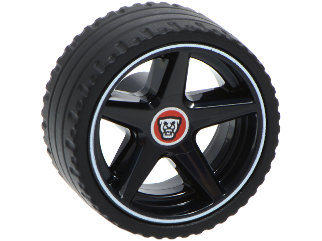 Lego Wheel 21mm D. x 11mm with 5 Spokes with Silver and Red Jaguar Logo and White Rim Edge Pattern with Black Tire 24 x 11 Straight Tread (7834pb02 / 5810)
