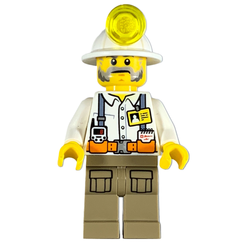 Lego Miner, White Shirt with Straps and ID Badge, White Mining Hat, Mutton Chops and Moustache