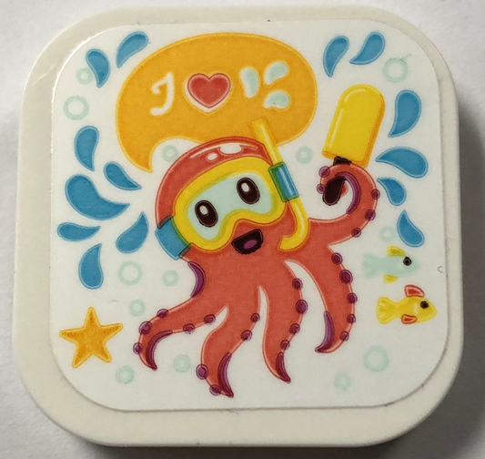 Lego Tile, Modified 4 x 4 with Rounded Corners and 4 Feet with Coral Octopus with Yellow Mask and Popsicle, Medium Azure Water Splashes Pattern (Sticker) - Set 41720 / White