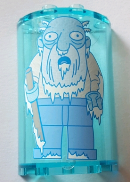 Lego Cylinder Half 2 x 4 x 5 with 1 x 2 Cutout with Frozen Old Man (The Simpsons Jasper Beardley) Pattern (Sticker) - Set 71016 / Trans-Light Blue