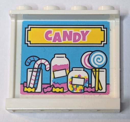 Lego Panel 1 x 4 x 3 with Side Supports - Hollow Studs with Yellow Sign with Dark Pink 'CANDY', Jars, Lollipops and Sugar Canes on Medium Azure Background Pattern (Sticker) - Set 41456